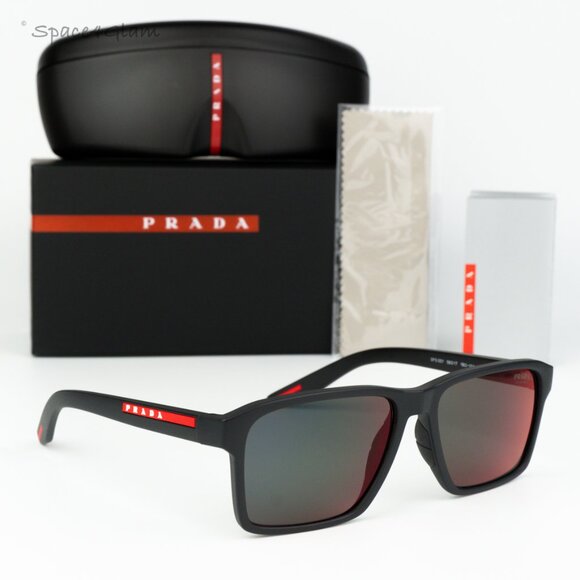 Prada Linea Rossa Women Sunglasses Black Grey Red Rectangle PS05YS 1BO10A NEW - Picture 1 of 7